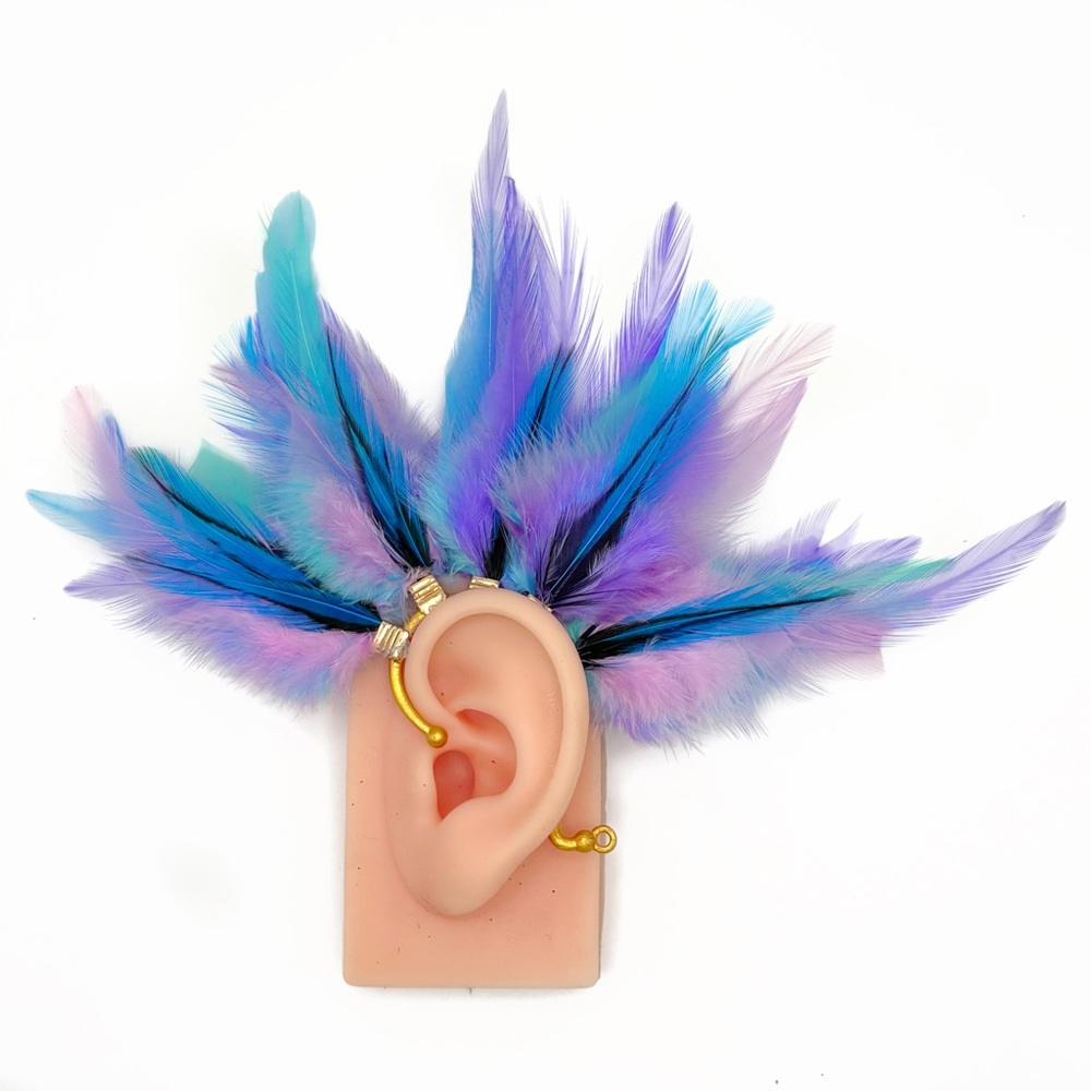 Vibrant Feather Ear Cuff in blue & purple, for the left ear